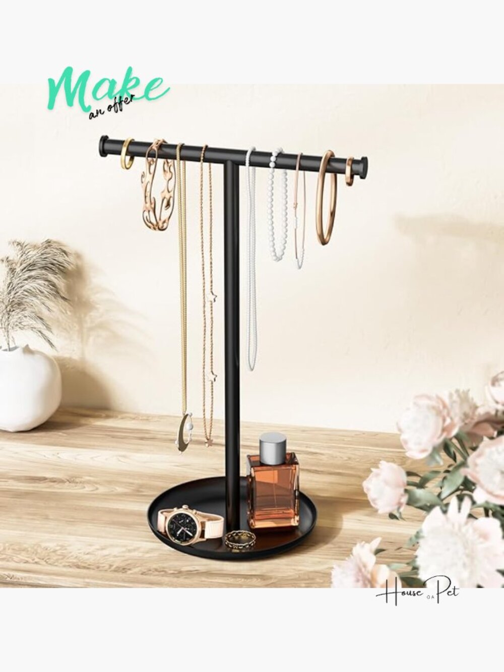 T-Shaped Necklace Organizer Stand with Storage Tray - Jewelry Holder for